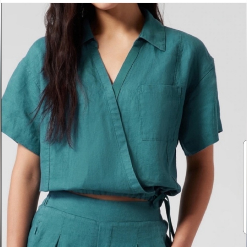 NWT Athleta Playa 100% Linen Tie Top Short Sleeve Teal Blouse/Top Size XâŚ